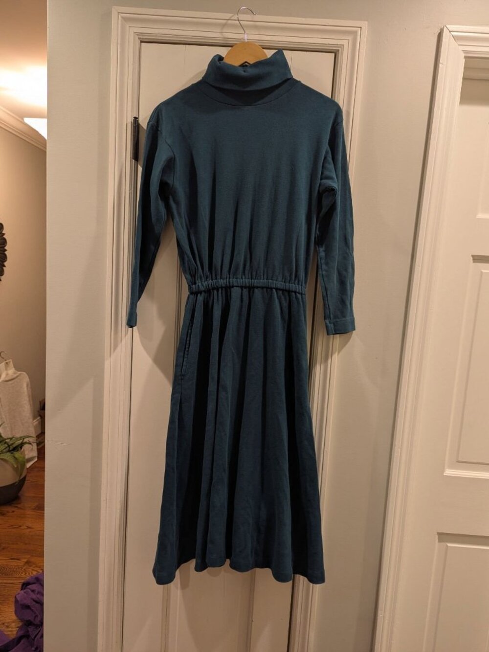 S vtg 90s Eddie Bauer maxi dress turtleneck Cotton Jersey Knit Teal Fit & Flare